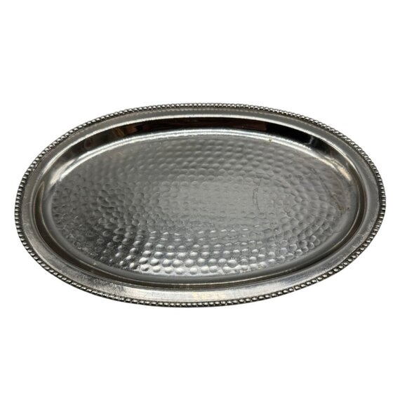 Paradigm Hammered Silver-Plated Oval Serving Tray With Beaded Rim India READ - Picture 1 of 9